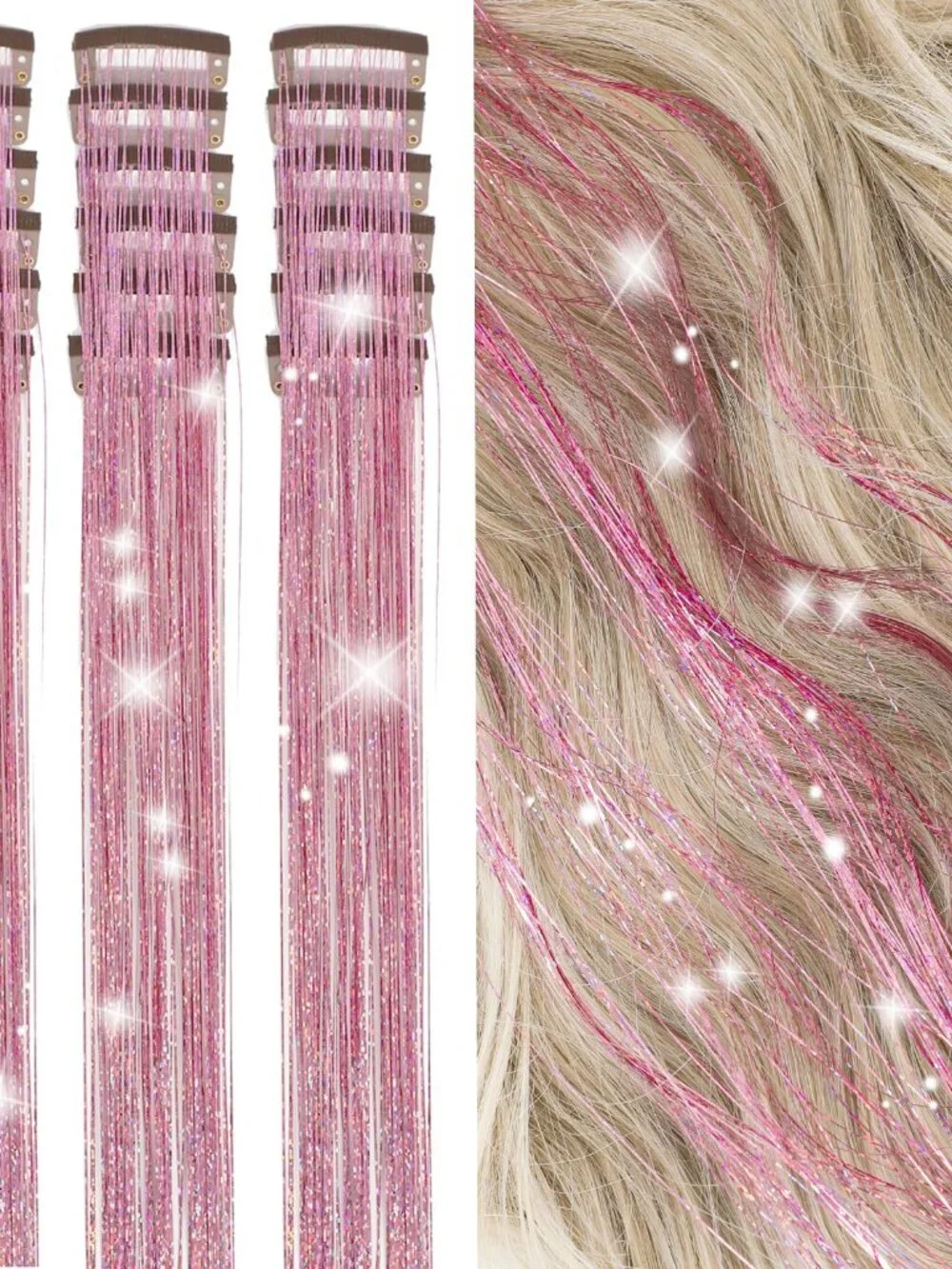 Hair Tinsel Kit Pack of 18 Pcs Hair Tinsel Clip in 19.6Inch Glitter Tinsel Hair